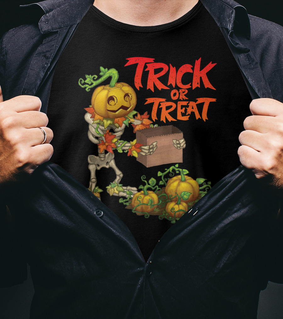 Trick Or Treat Punkleton Skeleton With Pumpkins And Candy Box T-Shirt