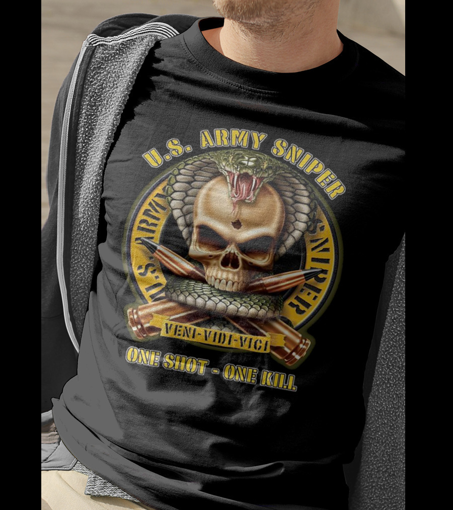 U.S. Army Sniper Veni Vidi Vici One Shot One Kill Skull Snake Badge T-Shirt