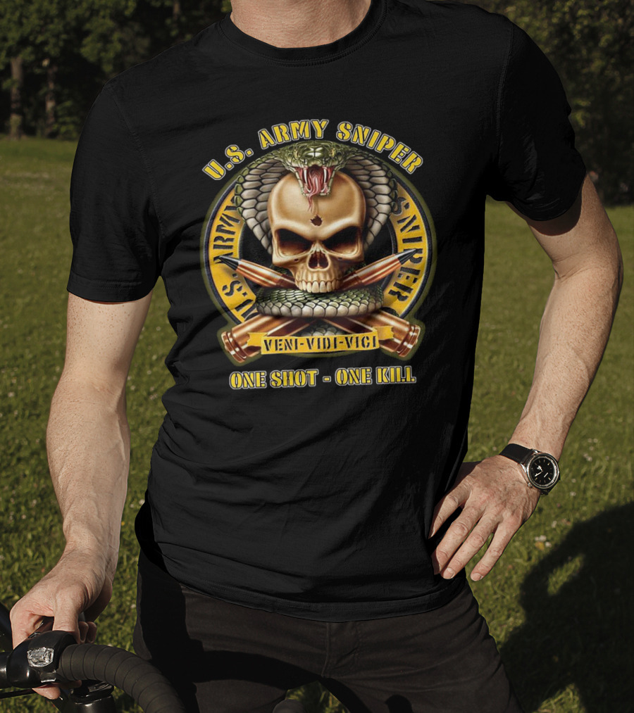 U.S. Army Sniper Veni Vidi Vici One Shot One Kill Skull Snake Badge T-Shirt