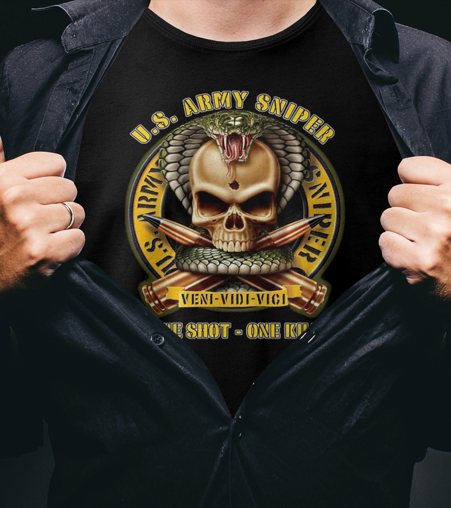 U.S. Army Sniper Veni Vidi Vici One Shot One Kill Skull Snake Badge T-Shirt