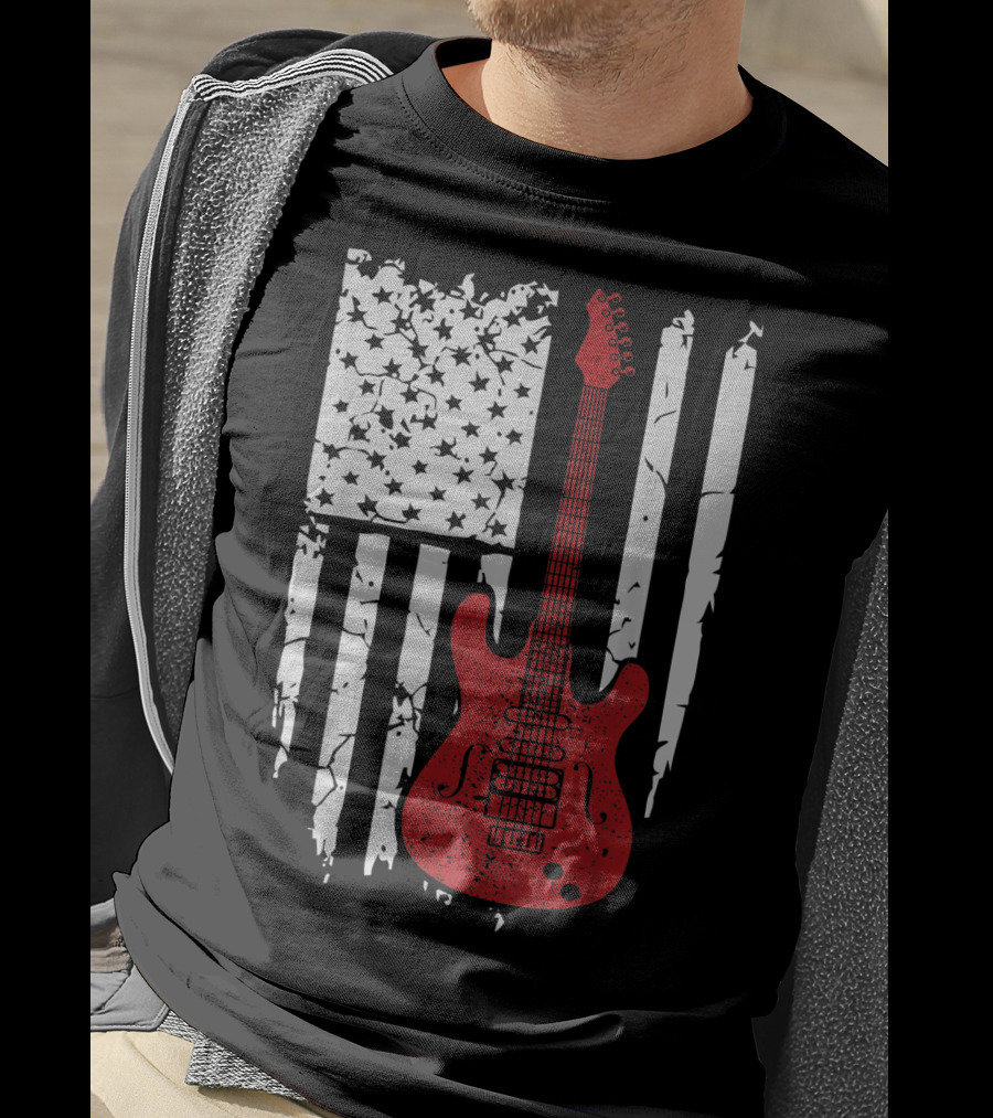 Usa American Flag Guitar Musician Guitars Red Electric Vintage Grunge T-Shirt