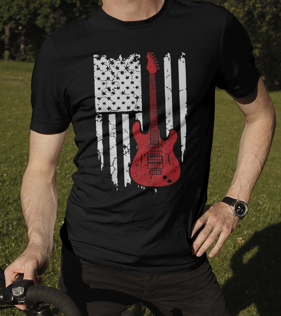 Usa American Flag Guitar Musician Guitars Red Electric Vintage Grunge T-Shirt