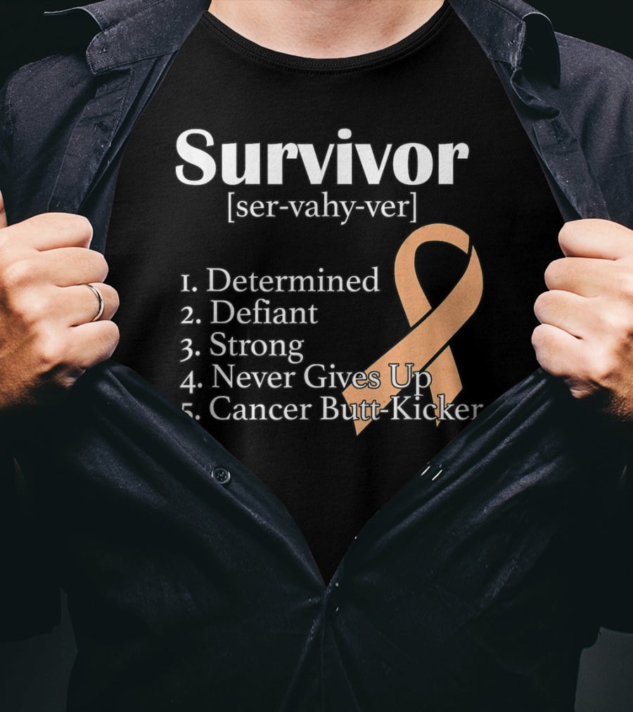 Survivor Definition Determined Defiant Strong Never Gives Up Cancer Butt-Kicker Peach T-Shirt