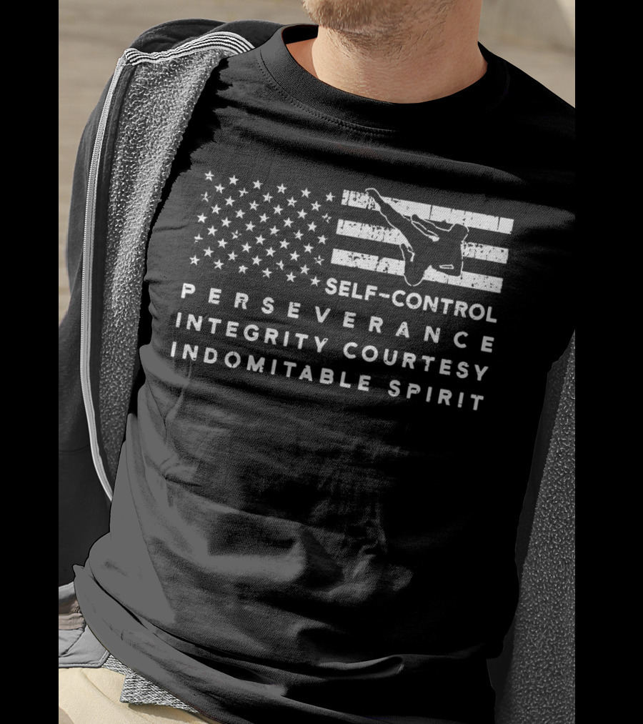 Vintage American Flag Taekwondo Self-Control Perseverance Integrity Courtesy Indomitable Spirit T-Shirt