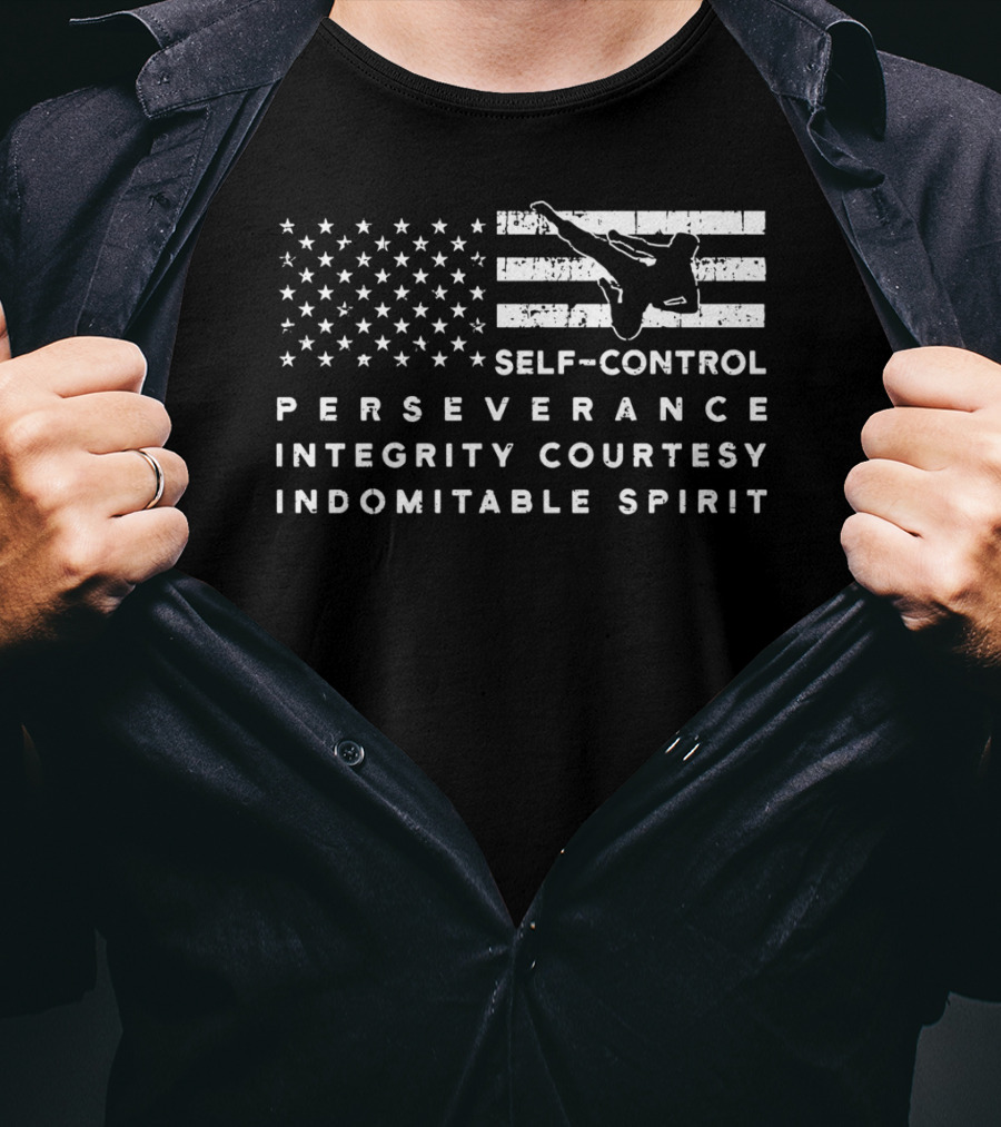 Vintage American Flag Taekwondo Self-Control Perseverance Integrity Courtesy Indomitable Spirit T-Shirt