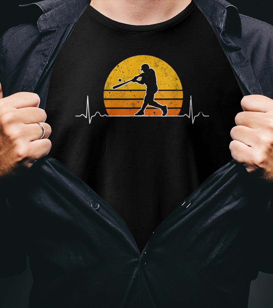 Vintage Baseball Player Heartbeat Sunset Scene T-Shirt