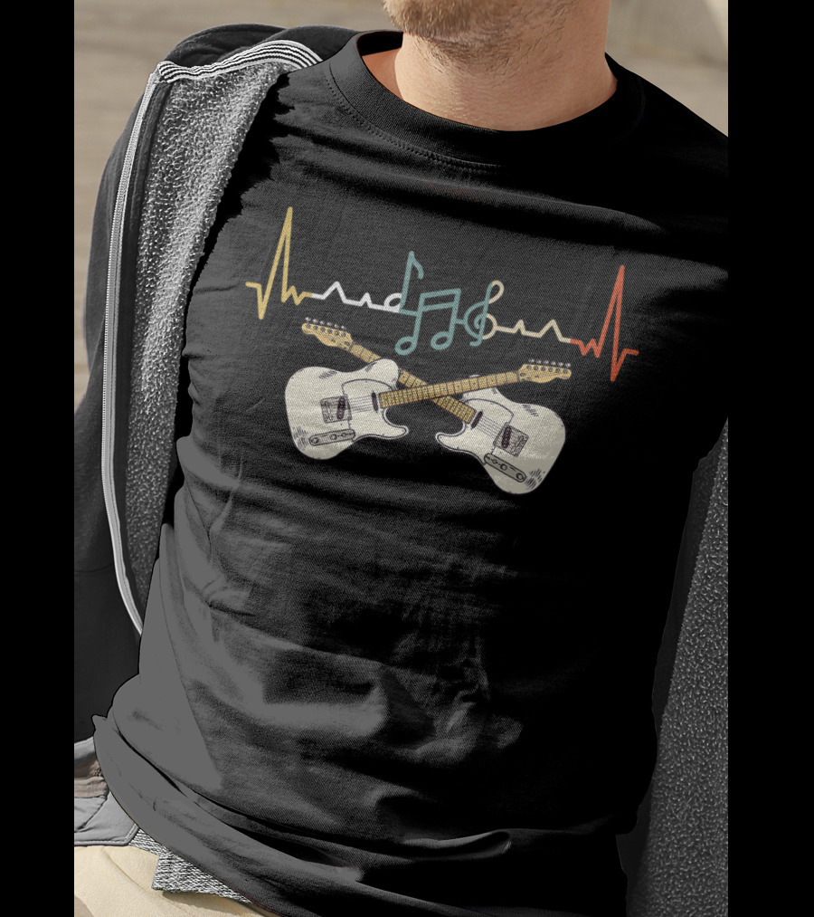 Vintage Guitar Heartbeat Musical Notes Electric Guitarist T-Shirt