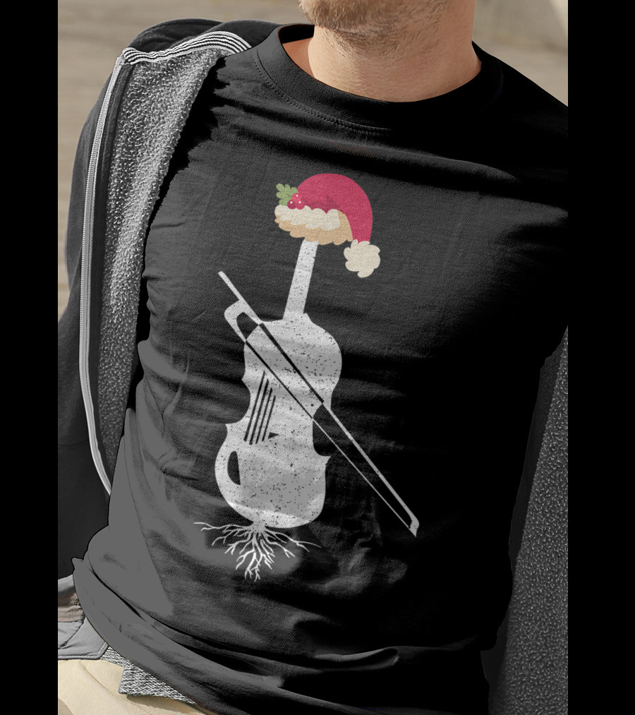 Violin Santa Hat Christmas Tree Vintage Style Holiday Decor T-Shirt