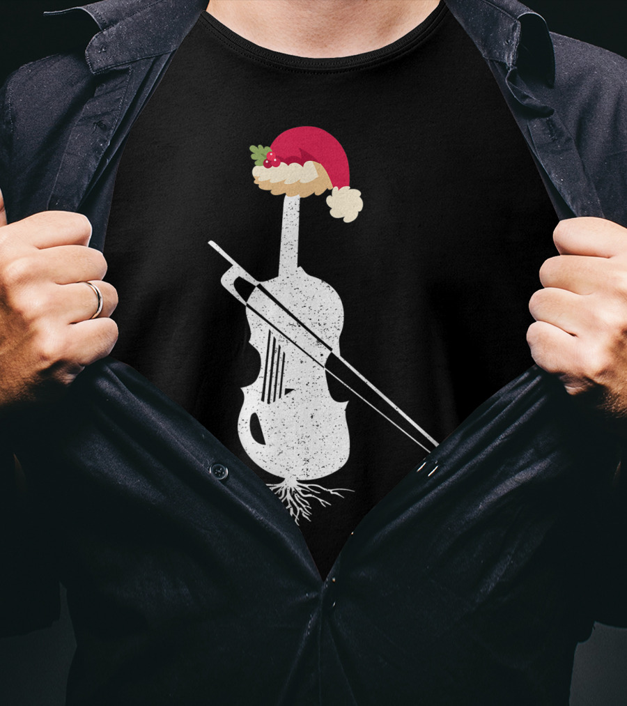 Violin Santa Hat Christmas Tree Vintage Style Holiday Decor T-Shirt
