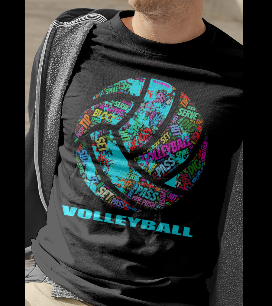 Volleyball Block Serve Dig Set Pass Spike Victory Words Colorful Ball T-Shirt