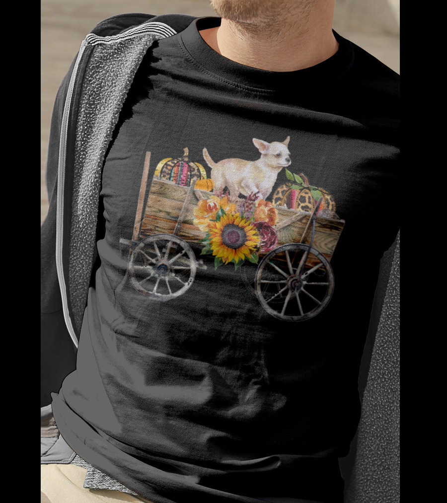 White Chihuahua In Wagon With Pumpkin And Sunflower T-Shirt