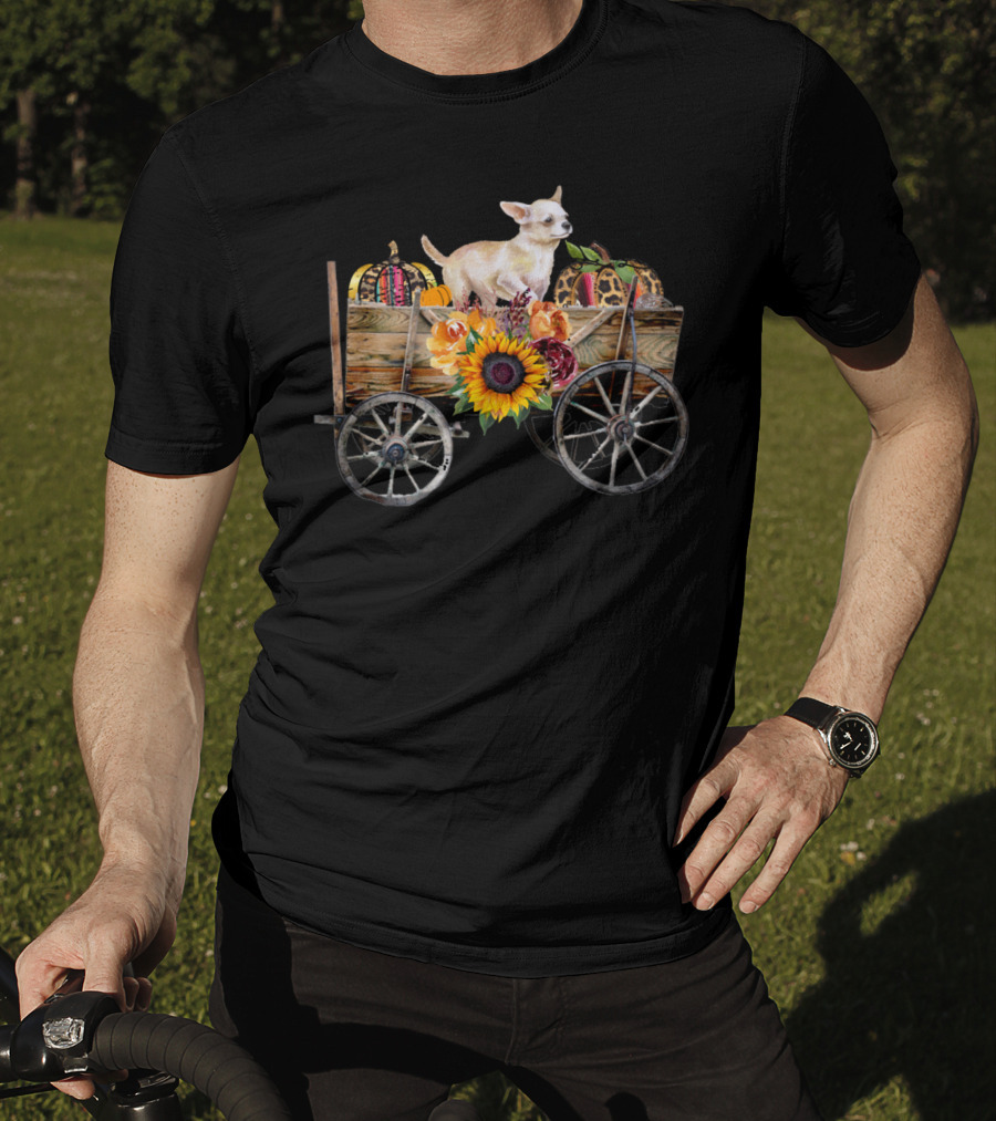 White Chihuahua In Wagon With Pumpkin And Sunflower T-Shirt