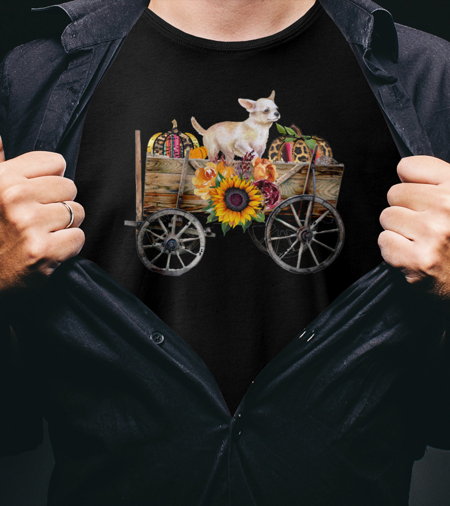 White Chihuahua In Wagon With Pumpkin And Sunflower T-Shirt