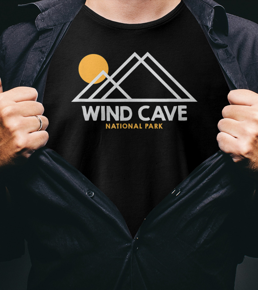 Wind Cave National Park South Dakota Outline Mountain Sun T-Shirt