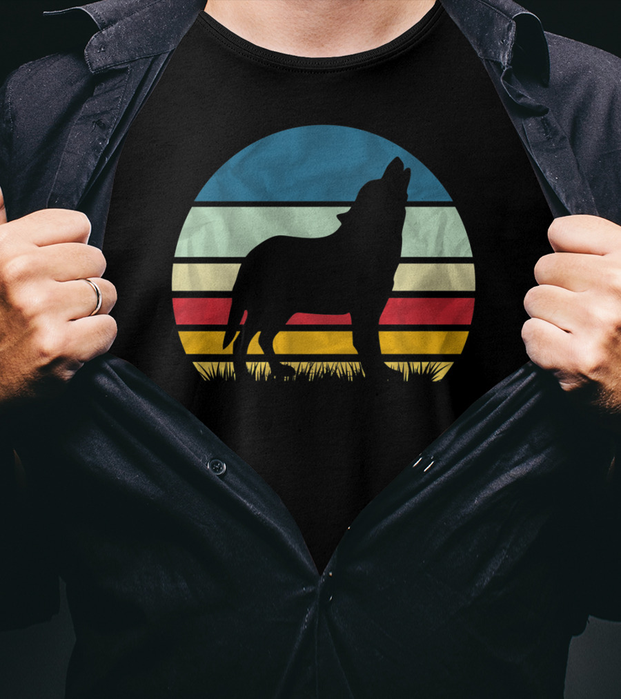 Retro Wolf Silhouette Vintage Sunset Stripes T-Shirt