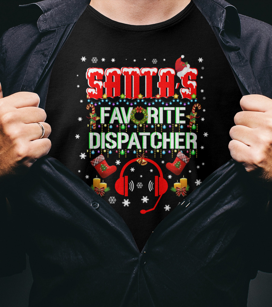 Santa's Favorite Dispatcher Headset Christmas Snowflakes Candles Stockings T-Shirt