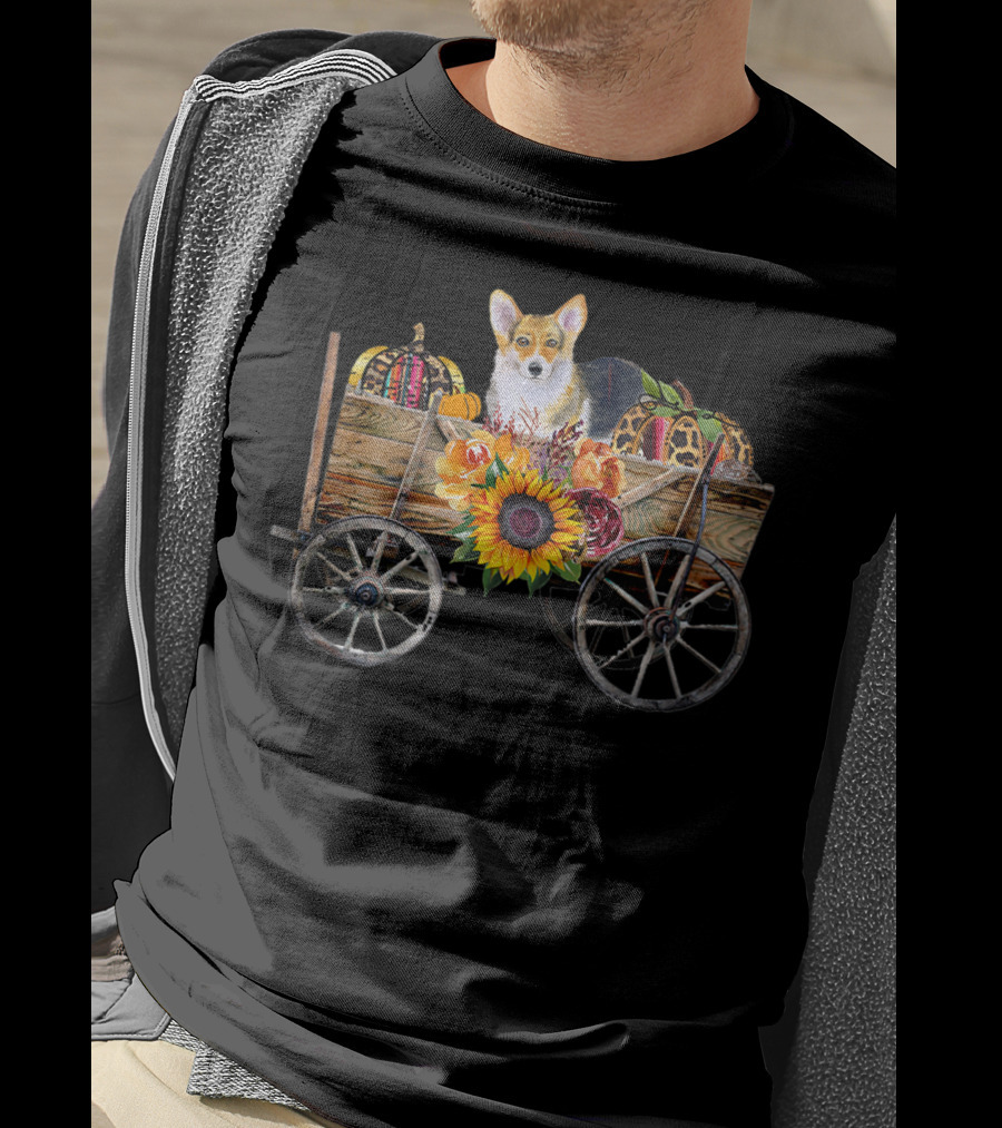 Corgi Clothing Autumn Harvest Corgi Dog In Country Wagon T-Shirt