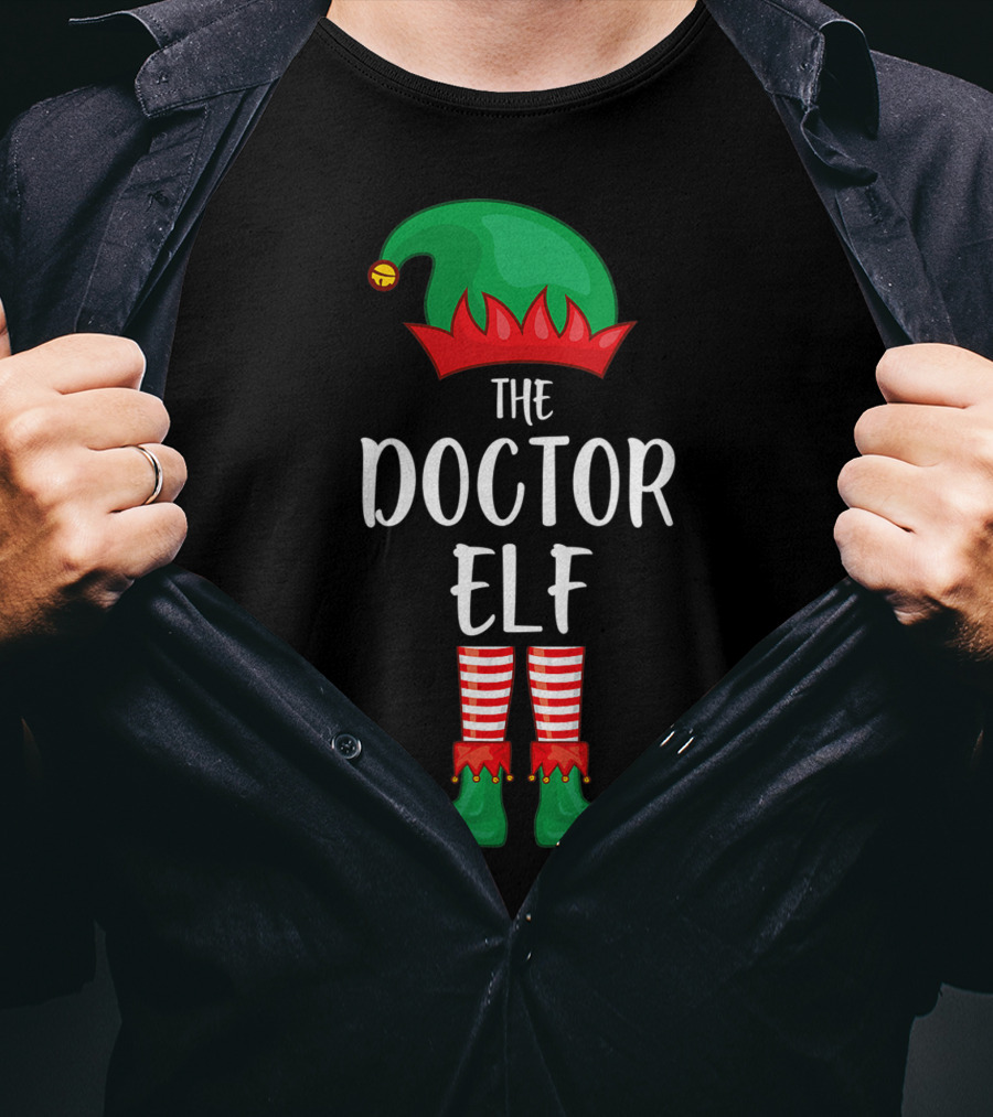 The Doctor Elf Christmas Party Jester Hat And Striped Tights T-Shirt
