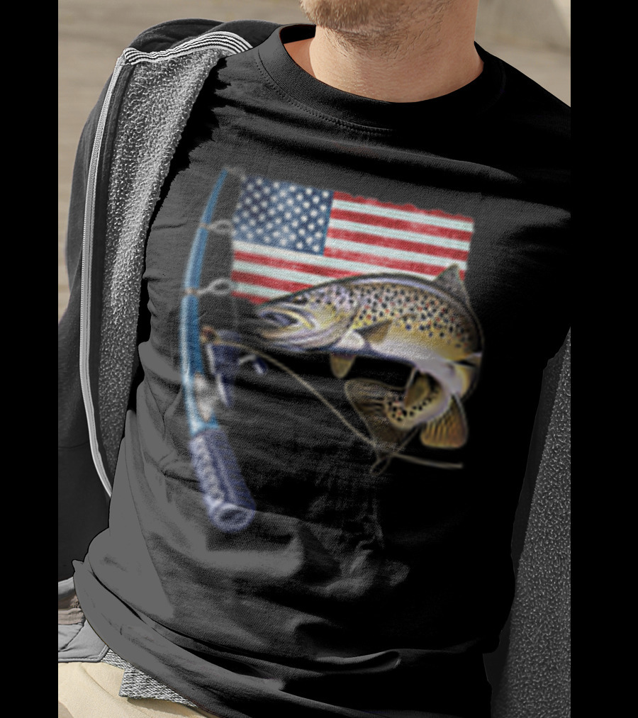 Fishing Hooked On A Feeling American Flag Rod Fish T-Shirt