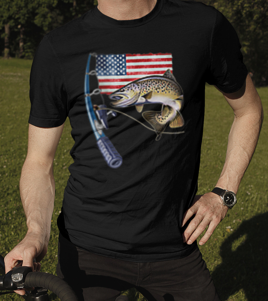 Fishing Hooked On A Feeling American Flag Rod Fish T-Shirt