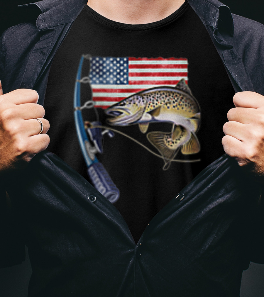 Fishing Hooked On A Feeling American Flag Rod Fish T-Shirt