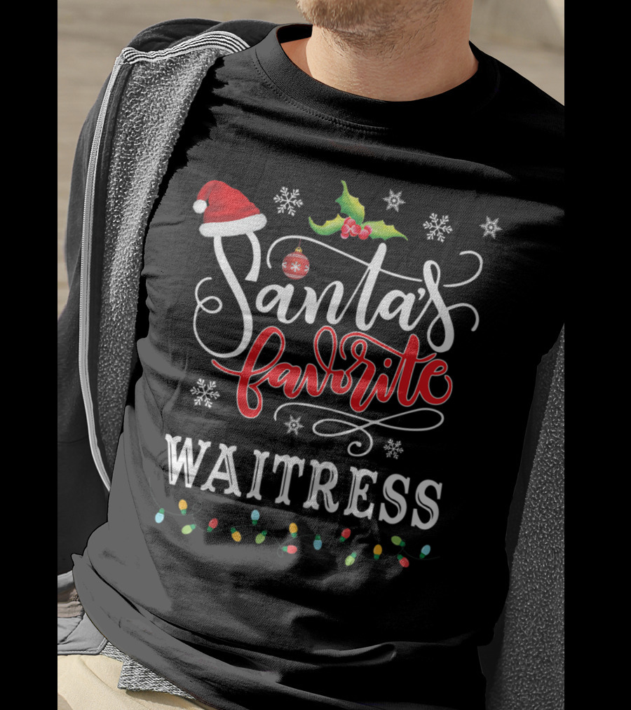 Santa's Favorite Waitress Christmas Lights Holly Santa Hat Snowflakes T-Shirt