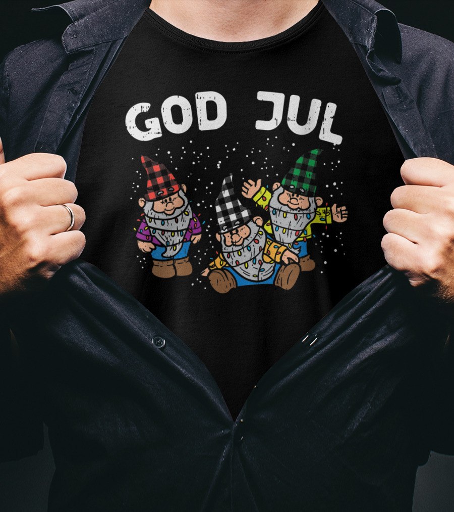 God Jul Buffalo Plaid Nordic Gnomes T-Shirt