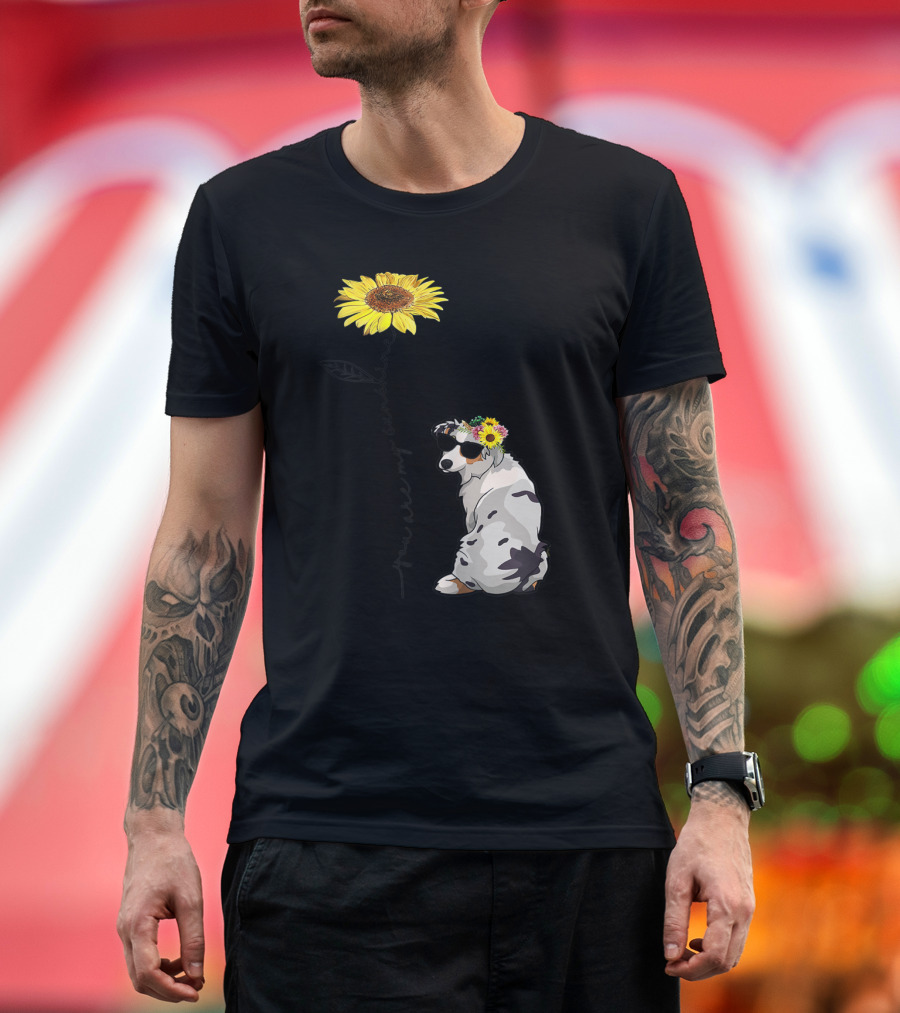 You Are My Sunshine Australian Shepherd Sunflower Sunglasses and Flower Crown T-Shirt