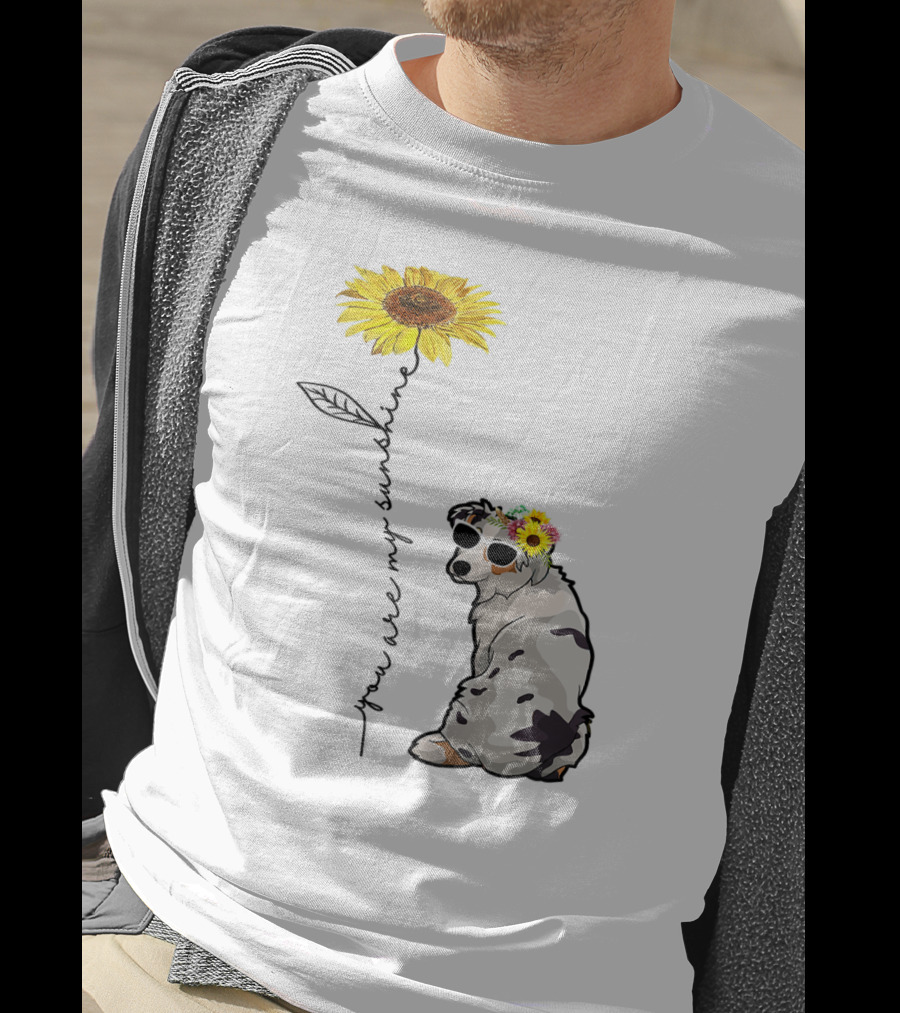 You Are My Sunshine Australian Shepherd Sunflower Sunglasses And Flower Crown T-Shirt
