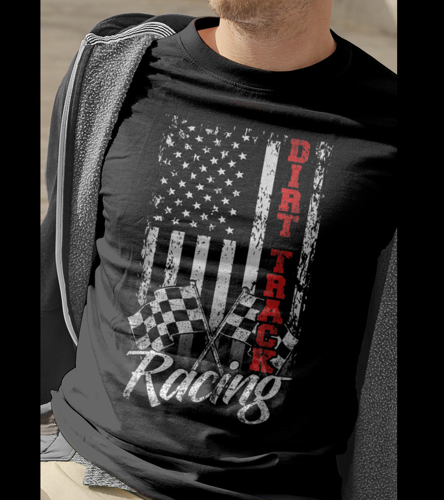 Dirt Track Racing American Flag With Checkered Flags T-Shirt
