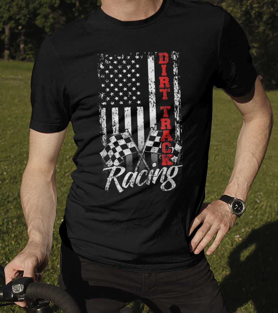 Dirt Track Racing American Flag With Checkered Flags T-Shirt