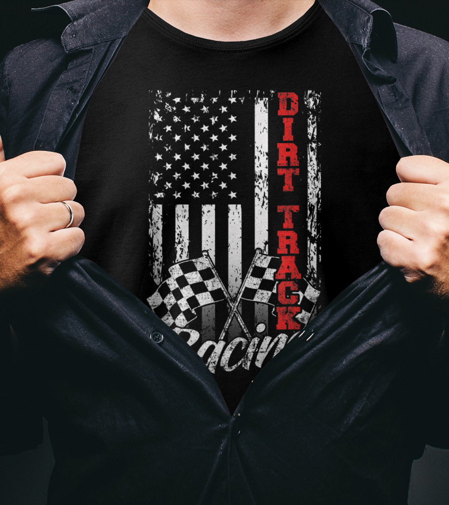 Dirt Track Racing American Flag With Checkered Flags T-Shirt