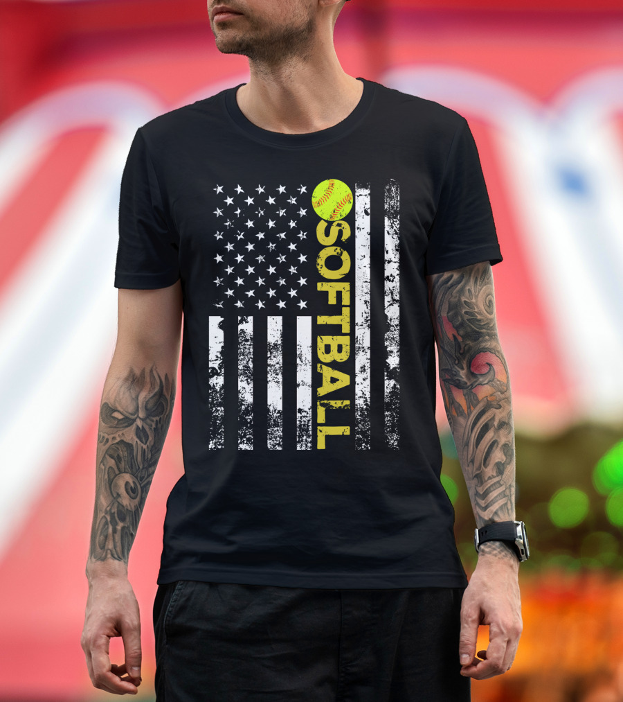 American Flag Softball Vertical Text with Yellow Softball T-Shirt