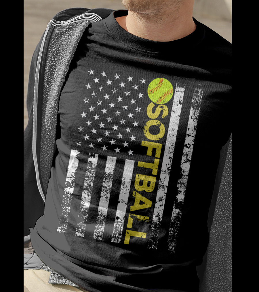 American Flag Softball Vertical Text With Yellow Softball T-Shirt