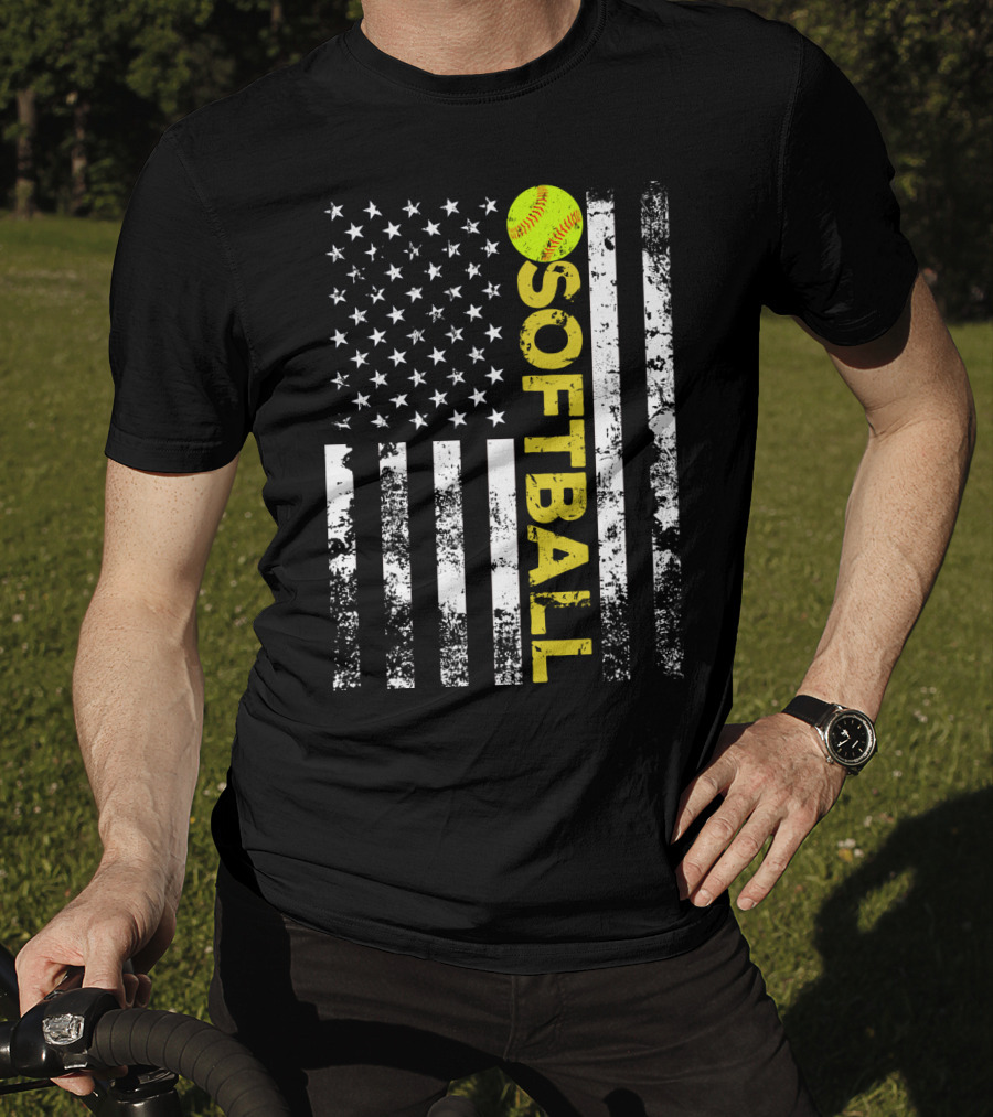 American Flag Softball Vertical Text With Yellow Softball T-Shirt