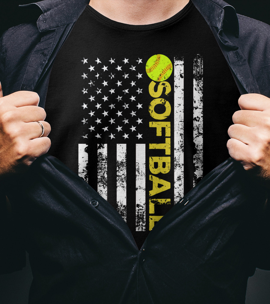 American Flag Softball Vertical Text With Yellow Softball T-Shirt