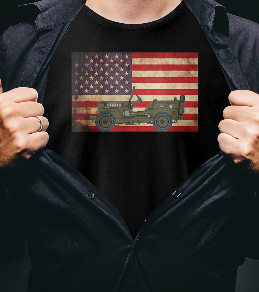 American USA Flag Willys Jeep WW2 Military Army Vehicle Stars And Stripes Vintage Retro Iconic T-Shirt