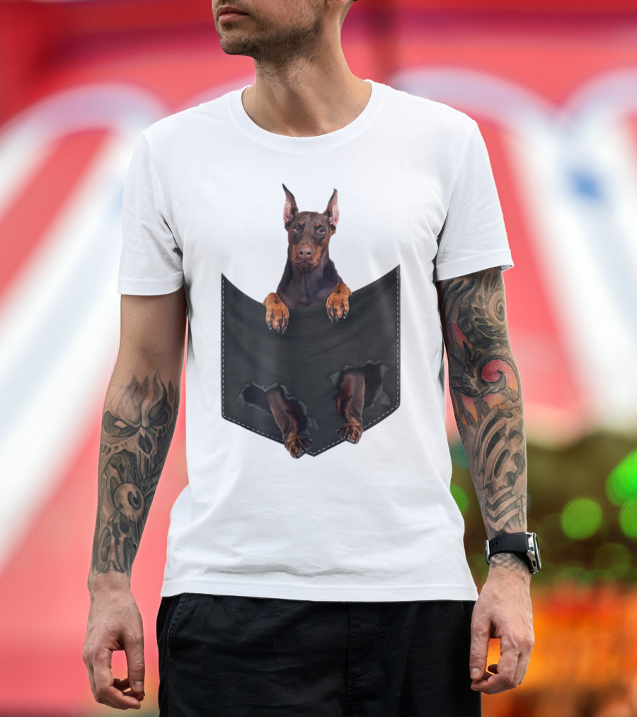 Doberman Pinscher Peeking From Ripped Pocket T-Shirt