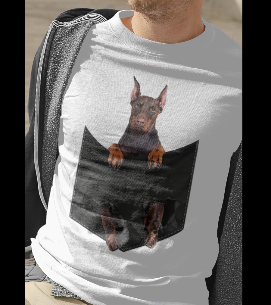 Doberman Pinscher Peeking From Ripped Pocket T-Shirt
