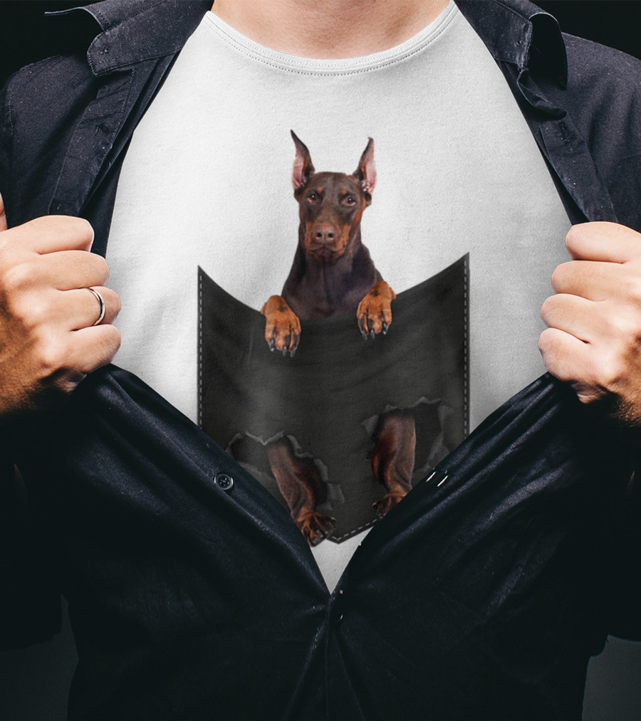Doberman Pinscher Peeking From Ripped Pocket T-Shirt
