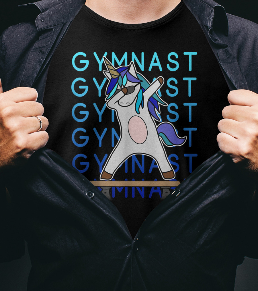 Gymnast Dabbing Unicorn With Blue Mane On Balance Beam For Girls Gymnastics T-Shirt