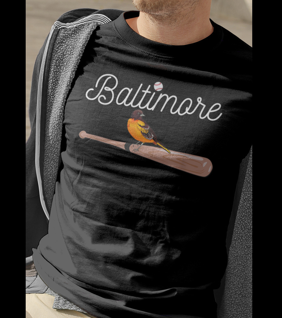 Baltimore Oriole On Baseball Bat With Baseball Themed Font T-Shirt