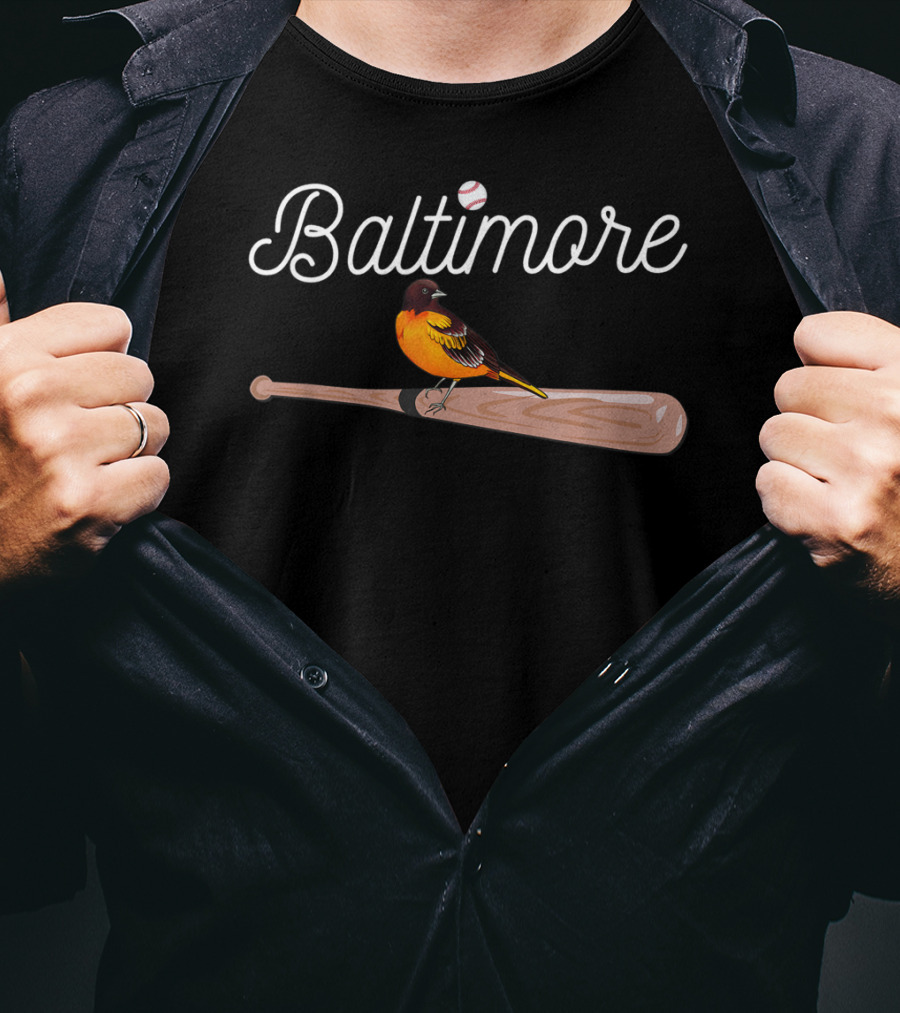 Baltimore Oriole On Baseball Bat With Baseball Themed Font T-Shirt