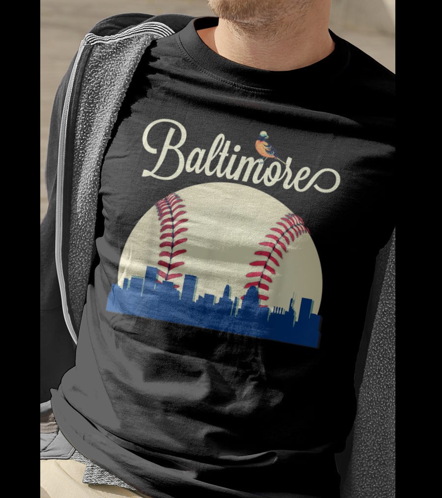 Baltimore Skyline With Baseball And Oriole Bird T-Shirt