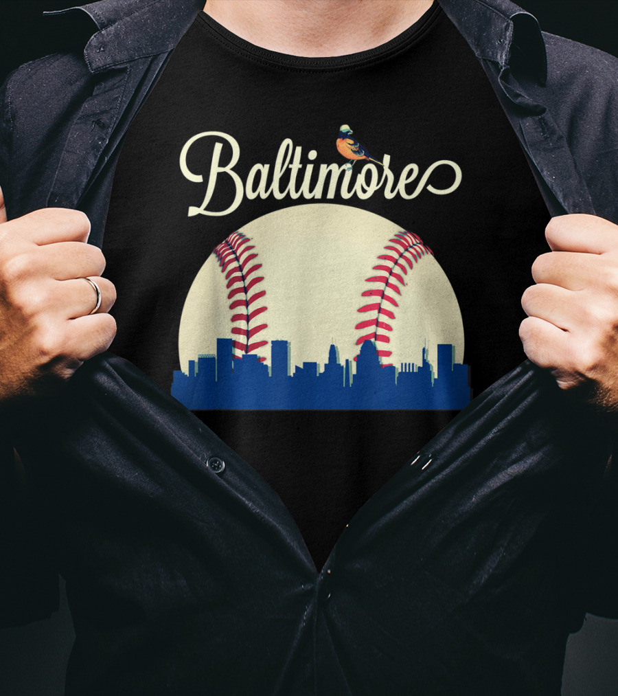 Baltimore Skyline With Baseball And Oriole Bird T-Shirt