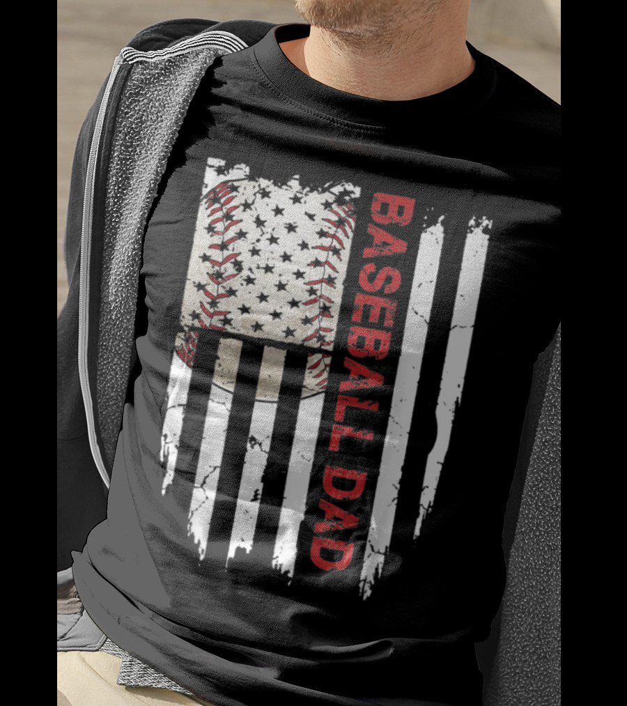 Baseball Dad American Flag Patriotic Stars Stripes Sports Enthusiast T-Shirt