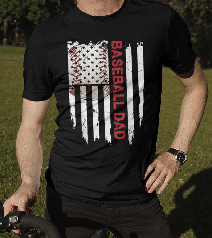Baseball Dad American Flag Patriotic Stars Stripes Sports Enthusiast T-Shirt
