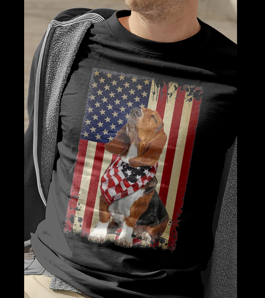 Basset Hound With American Flag Scarf Against USA Flag Background T-Shirt