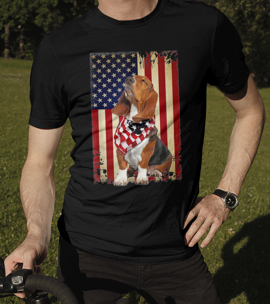 Basset Hound With American Flag Scarf Against USA Flag Background T-Shirt