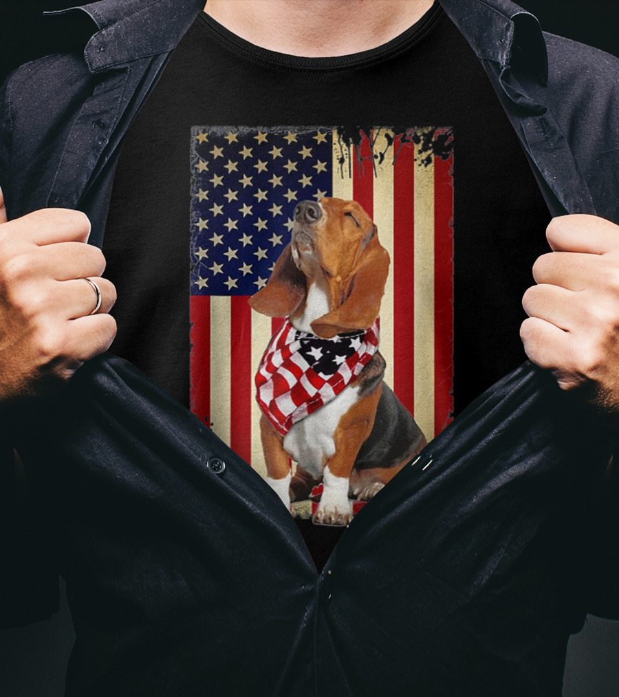 Basset Hound With American Flag Scarf Against USA Flag Background T-Shirt